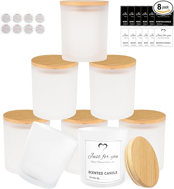 CONNOO 8 Pack 14 OZ Frosted Glass Candle Jars with Bamboo Lids for Making Candles, Large Size Empty Candle Tins with Sticky Labels - Leakproof & Dishwasher Safe.