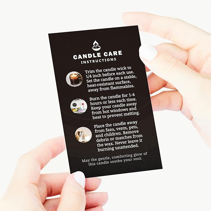 100 pack - Premium Handmade Candle Care Instruction Cards Black 2x3.5 in, Small Business | Soy Bees Wax Melt, Candle Makers, Making Supplies Kit Set, Containers, Jars, Pot, Package
