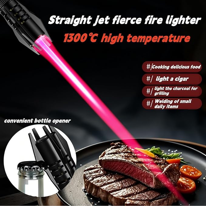 Torch Lighter, Refillable Butane Windproof Jet Lighter with Safety Lock & Adjustable Flame for Cooking, Camping, BBQ, Baking, Kitchen, Outdoor (No Gas Included) - Black
