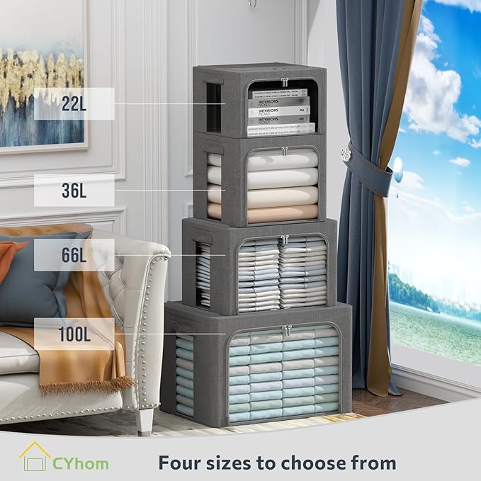 CYhom 4 Pack Clothes Storage Bins with Metal Frame - Linen Fabric Foldable Stackable Container Organizer Set with Clear Window & Carry Handles & Zippers (Dark Gray, 23.6"x16.5"x15.7")