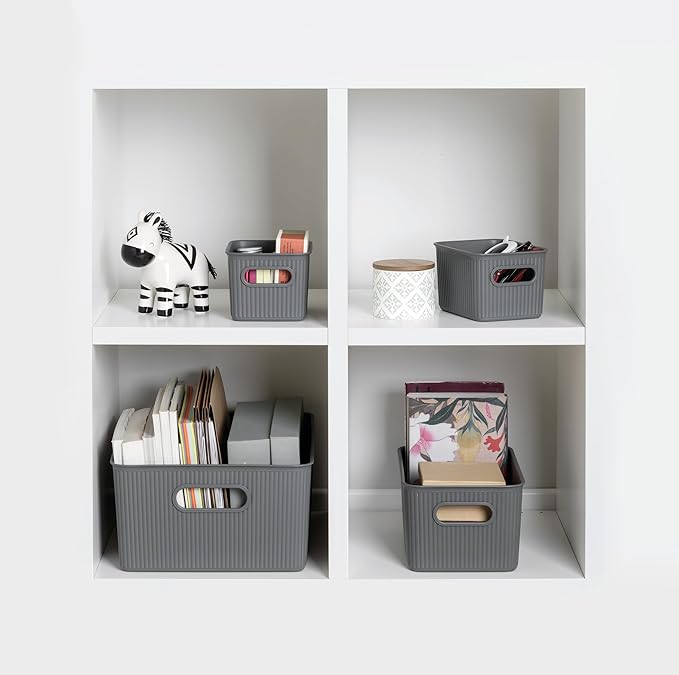 Superio Decorative Plastic Basket Open Home Storage Bins Organizer Baskets,Large Grey (8 Pack) Container Boxes for Organizing Closet Storage Bins for Shelves Drawer Shelf, 15 Liter