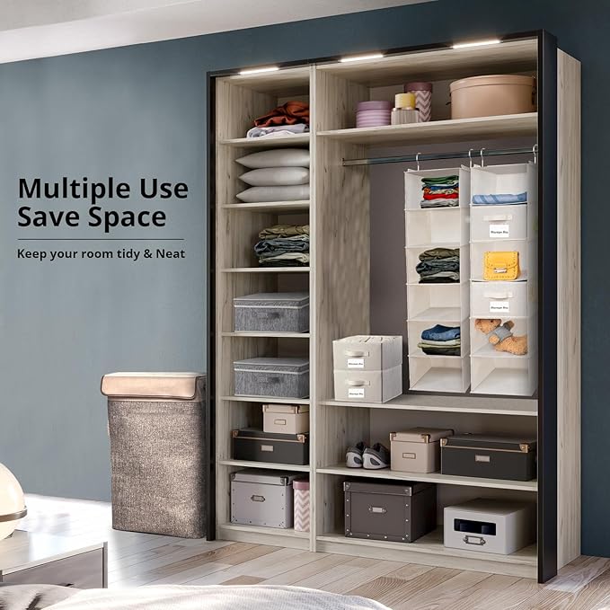 BrilliantJo 2 Pack 6 Shelves Hanging Closet Organizer with 2 Drawer, Hanging Storage with 4 Side Pockets for Clothes Shoes, 43.5"x12"x12"(Beige)