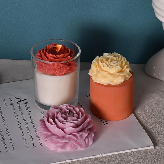Peony Flower Candle Molds with Wick Pin and 50 Wicks,2PCS Silicone Candle Mold for Candle Making,3D Peony Flower Resin Candle Soap Silicone Molds