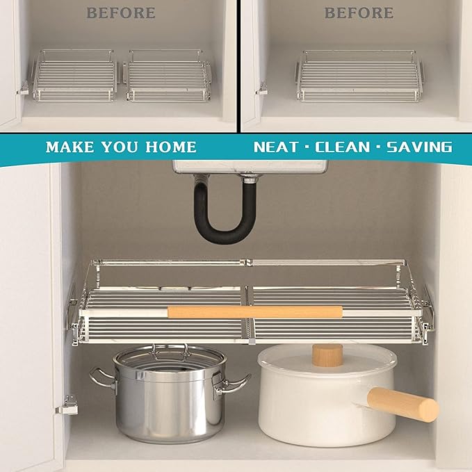 Large Expandable Pull Out Cabinet Drawer, Heavy Duty Slide Out Basket Cabinet Organizer for Kitchen, Under Sink, Bathroom, Wardrobe, 17''-28''W(3 Pack)