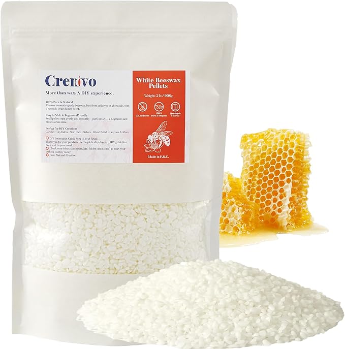 Crenovo White Beeswax Pellets 2 LB, 100% Pure Natural Quadruple Filtered Beeswax for Candle Making, DIY Lip Balm and Skin Care, Cosmetic Grade Beeswax for Lotion, Soap, Body and Hair Care DIY Creams