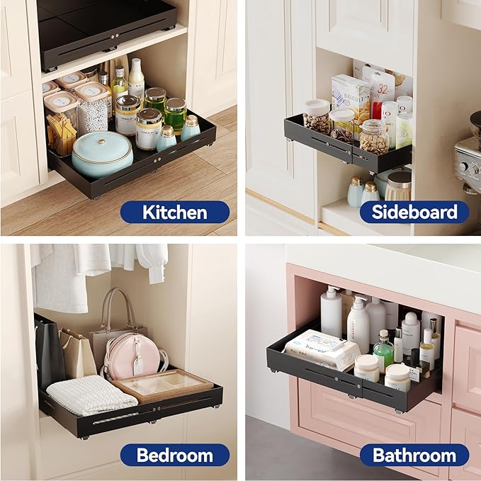 Pull out Cabinet Organizer, Full Metal Expandable Width (14.8"-20.8") & Depth (12.4"-17.7") Adjustable Slide out Drawers, No Drill Adhesive Roll out Shelves for Kitchen Pantry, Black