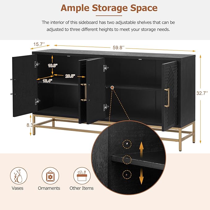 Amposei Accent Sideboard Cabinet 59.8-Inch Retro Credenza Console Storage Cabinet Dining Buffet Table with 4 Doors & Adjustable Shelves for Living Room Entrance, Black