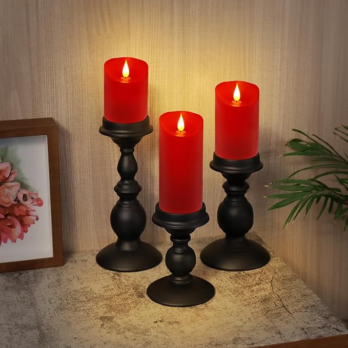 ALED LIGHT Red Real Wax Rechargeable Candles Flickering Realistic,Flameless Candles Rechargeable with Remote for Home Decor Idea Gift，Pack 3(D 3”X H 4”5”6”)