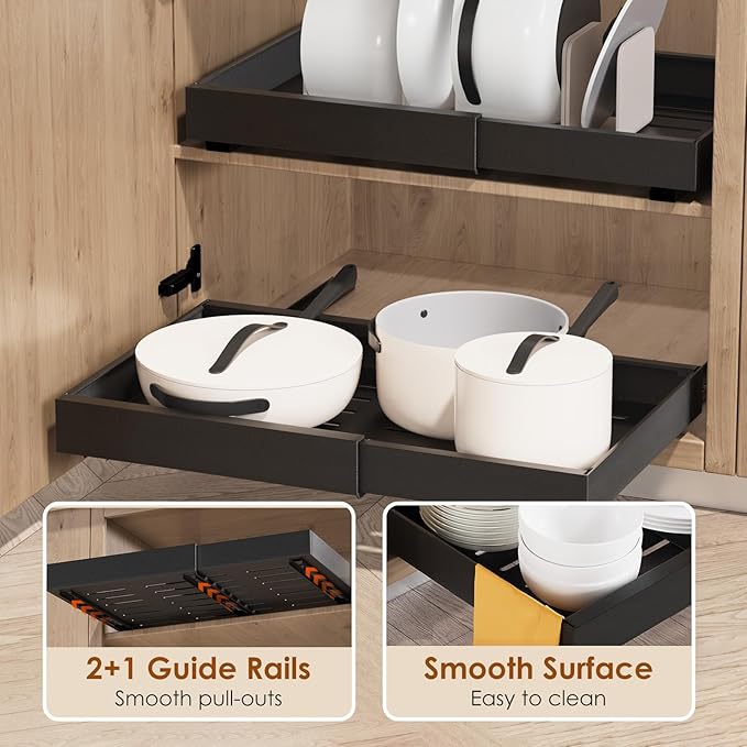 1 Pack Expandable Pull Out Cabinet Organizer 16.5" Deep, Adjustable Width 12.6"-20.5", No Drill Adhesive with Triple Track Rails, Heavy Duty Slide Out Drawers for Kitchen,Pantry,Cabinets,Black