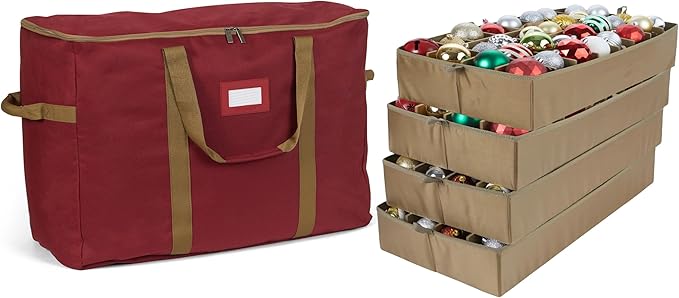 Covermates Keepsakes Adjustable Ornament Storage Bag – Heavy-Duty Polyester, Padded Dividers & FlexGrid Trays – Protective Holiday Ornament Organizer with Handles & Label Window, Red
