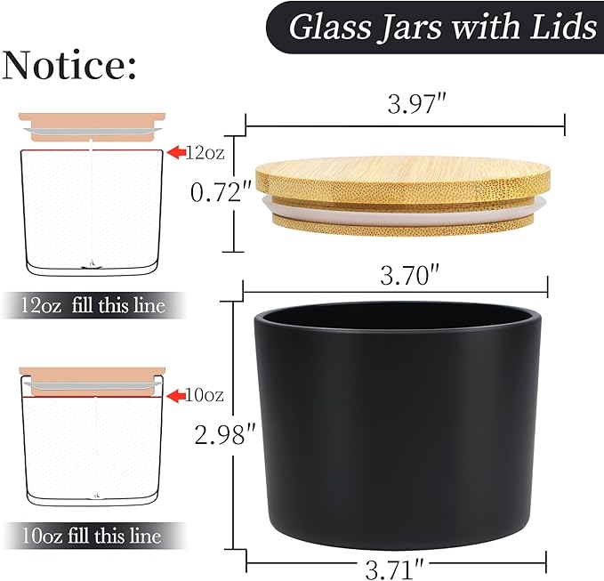 CONNOO 8 Pack 12 OZ Black Glass Wide Mouth Candle Jars for Making Candles with Airtight Bamboo Lids Nice Sticky Warning Labels for Candle Making Empty Container Bulk - Dishwasher Safe