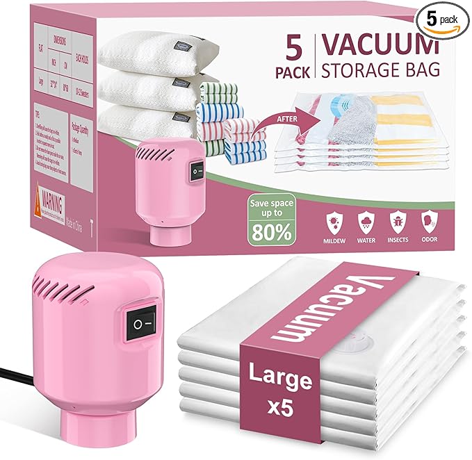 Vacuum Seal Bags for Clothing Travel, 5 Pack Space Saver Vacuum Storage Bags with Electric Pump,Portable Compression Sealer for Clothes, Blankets, Bedding & Travel Essentials,Good for Luggage Packing