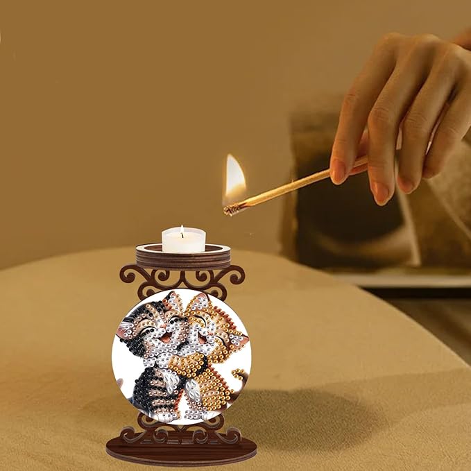 DIY Diamond Candlestick Holders Diamond Art Painting Wooden Home Decoration Candlestick Christmas Halloween Ornaments Double-Sided Diamond Cat Hug Candle Holder Kits Tabletop Decoration