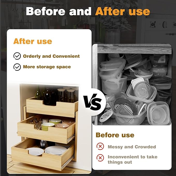 Pull Out Cabinet Organizer, 14''W×21''D Sliding Drawers for Cabinets, 3 Tier Soft Close Slide Out Wooden Pull out Drawers, Base Cabinet Organization for Kitchen, Pantry, Bathroom.