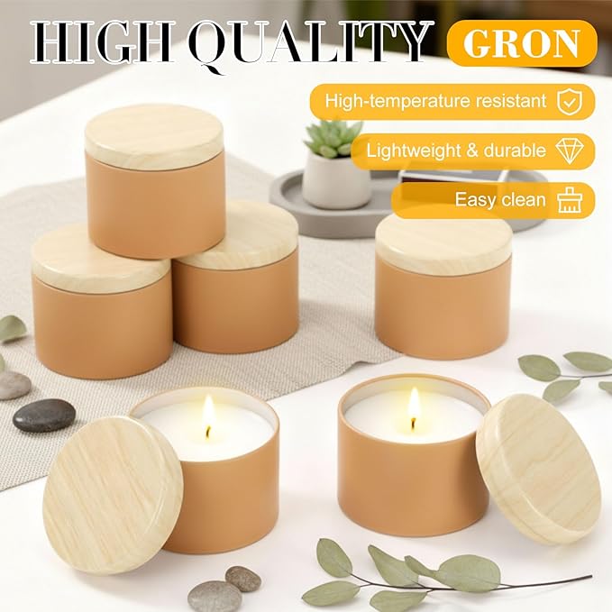 Honeydak 36 Pcs 4oz Brown Candle Jars Bulk Candle Tins Small Empty Containers with Metal Wood Grain Printing Lids for Making DIY Jars Storage Wedding Gifts
