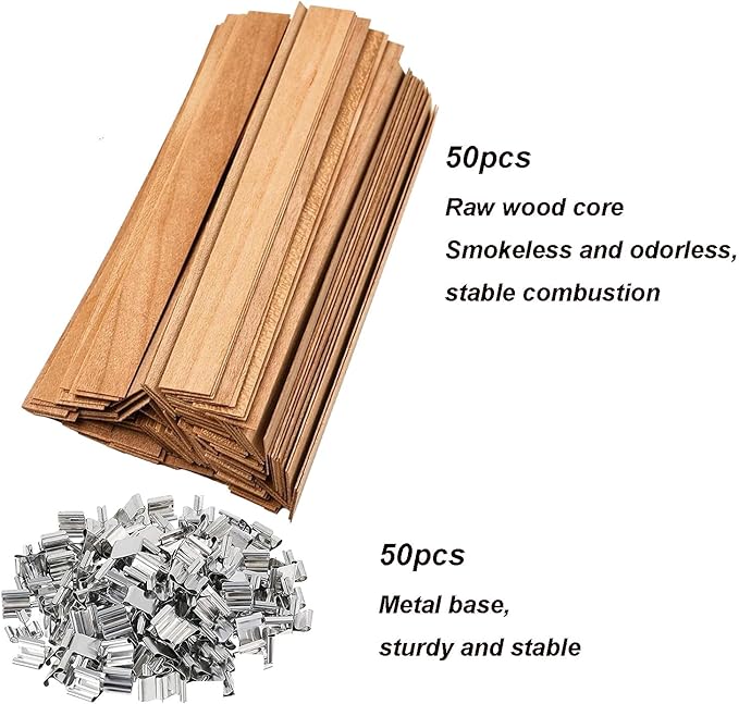 QPZ 100Pcs Cotton Candle Wicks 6" Pre-Waxed with Tabs,50Pcs Wooden Candle Wicks Smokeless,Wood Candle Making Wicks 0.59*5.9 Inch with 50Pcs Wick Clips Holders Metal Based for Candle DIY,Candle Making
