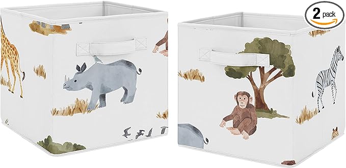 Sweet Jojo Designs Jungle Animals Foldable Fabric Storage Cube Bins Boxes Organizer Toys Kids Baby Set of 2 Dark Hunter Green Yellow Grey Black White Wildlife Safari Elephant Giraffe Monkey Leopard