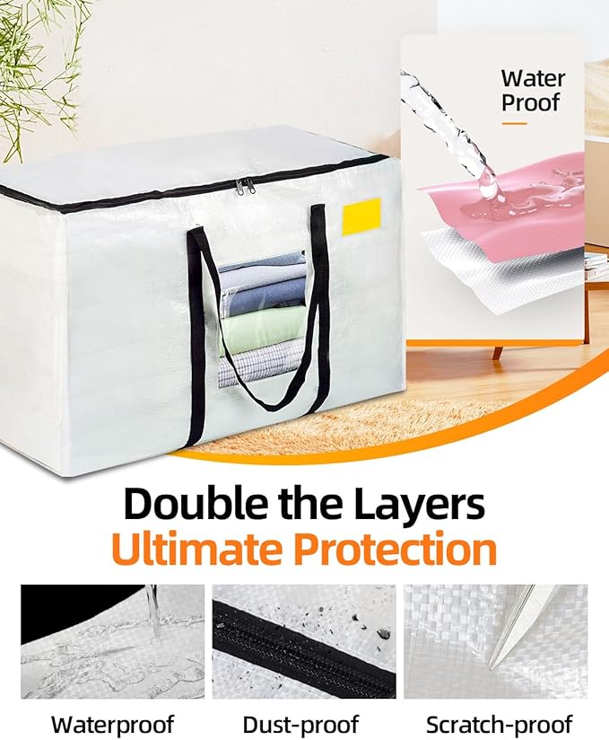 Extra Large Moving Bags, 12 Pack Heavy Duty Storage Bags Boxes Bins Totes with Hnadles Zippers Visible Window for Clothes College Dorm Travel, Clear