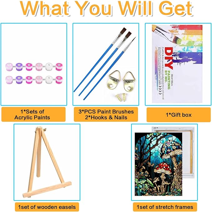 Mushroom Paint by Numbers Kit for Adults Beginners- DIY Acrylic Stained Glass Adult Paint by Number Kits on Canvas, Oil Painting by Numbers Kit for Home Decor Gifts 12x16 inch Framed and Easel