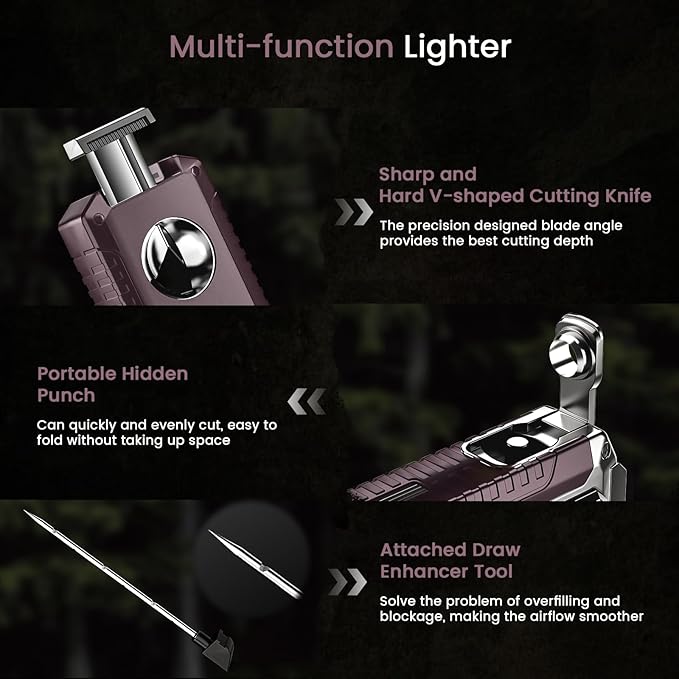 5-in-1 Butane Torch Lighter with Punch, Holder, Draw Enhancer and Tool, Windproof Triple Flame Lighters Gift for Men, Multifunctional Accessories Cool Lighters for Candles, Travel, Outdoor