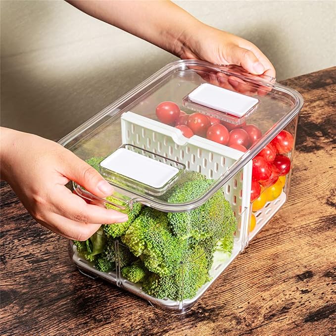 Slideep 11'' Large Food Storage Containers, Fridge Produce Saver 2 Tier Stackable Refrigerator Organizer with Lids and Removable Drain Tray Drawers Bins Baskets for Kitchen