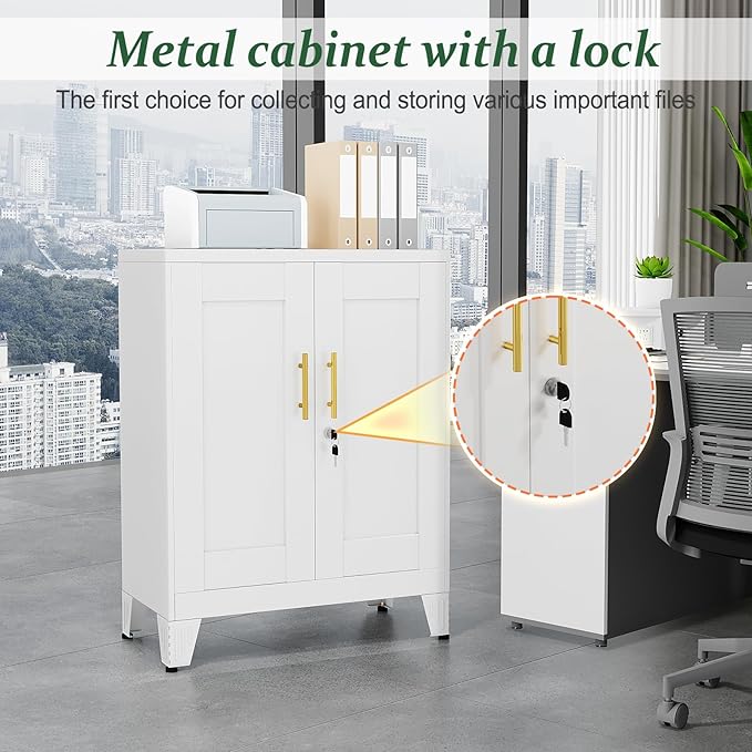 White Metal Storage Cabinet, 36" Tall Locking Storage Cabinet with 2 Adjustable Shelves, Steel Locker Organizer, for Office, Home, School