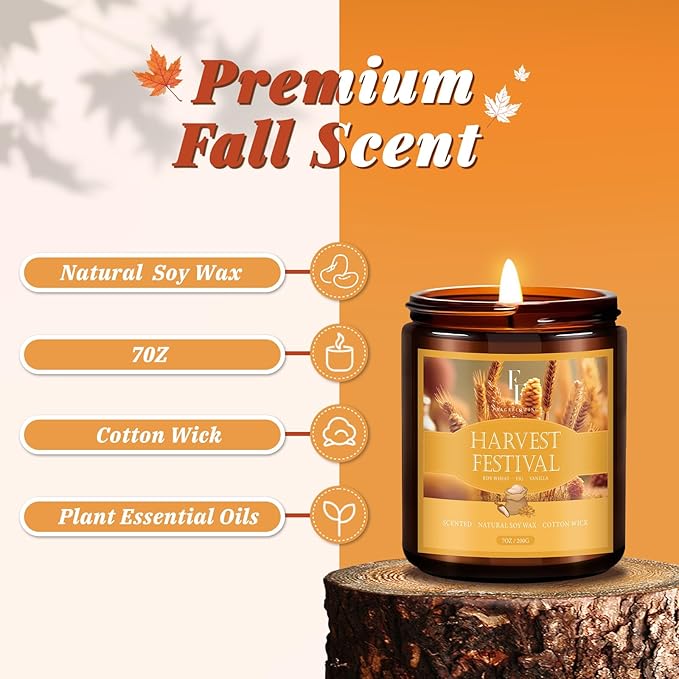 Christmas Fall Candle, Harvest Festival Scented Candles for Home, Natural Soy Autumn Candle Aromatherapy Candle, 7 oz Jar Candles Holiday Gifts for Women Men