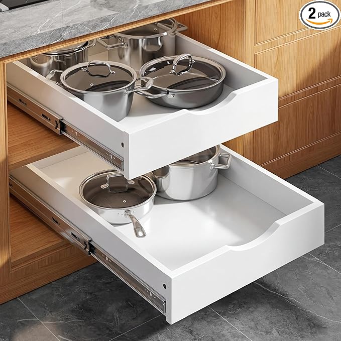 Menkxi 2 Set Wooden Pull out Cabinet Organizer Fully Assembled Slide out Pantry Drawer with Gentle Close Storage Shelf Tray for Base Kitchen Under Sink Bathroom Accessory