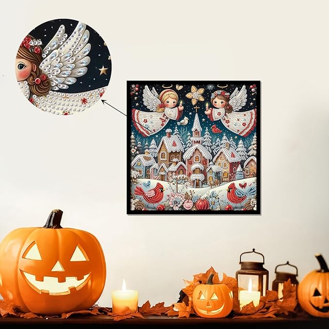 antor Diamond Painting Christmas Angels Protecting Snow Village with Red Robins, 5D DIY Special Shaped Diamond Art Kit for Adults, Crystal Rhinestones Diamond Painting, Holiday Winter Home Wall Decor