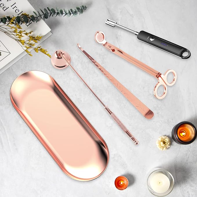 Lsnisni 5Pcs Accessory Set with Rechargeable Electric Lighter, Storage Tray, Wick Trimmer, Snuffer, Dipper, Stainless Steel Care Kit Gift Package for Candle Lover Rose Gold