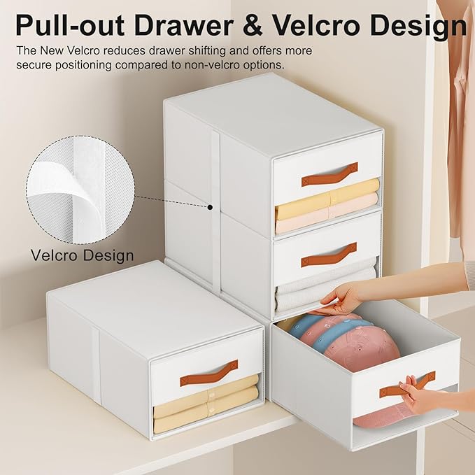 Stackable Storage Drawers - Pull Out Storage Bins with Drawers for Closet Clothes Organizers with Weekly Labels & Clear Window, Closet Shelf Storage for Bedroom, Living Room, 5 Pack, White