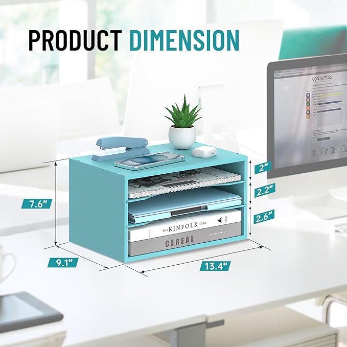 Wood Desk Organizer, 3 Tier Paper Tray Organizer for Desk with Adjustable Storage Shelves, Desktop File Organization Paper Sorter Mail Holder for Office Home Classroom, Blue