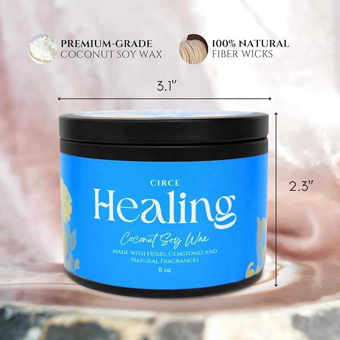 Circe Spell Candle “Healing” Coconut Soy Wax Candle Jar – Premium Hand Poured & Long Burning – Herbs, Crystals & Natural Fragrance Oils- Emotional & Physical Renewal - Calming, Self Care, Gift- 8oz