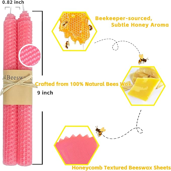 Lacaser Natural Beeswax Taper Candles Bulk Set,9" Long Candlesticks, Dripless & Unscented, 4 Hour Burn Time, Light Pink, 12 Pack