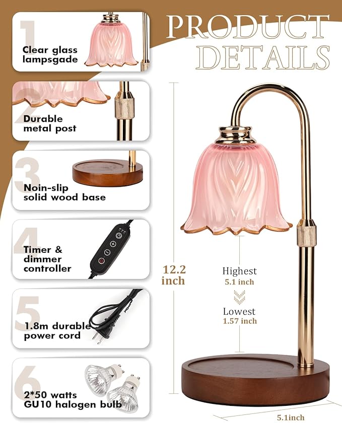 Candle Warmer Lamp, Gold Candle Lamp Warmer with Timer & Dimmer with 2 Bulbs, Birthday Gifts for Women Mom, New Home Bedroom Decor, Height Adjustable