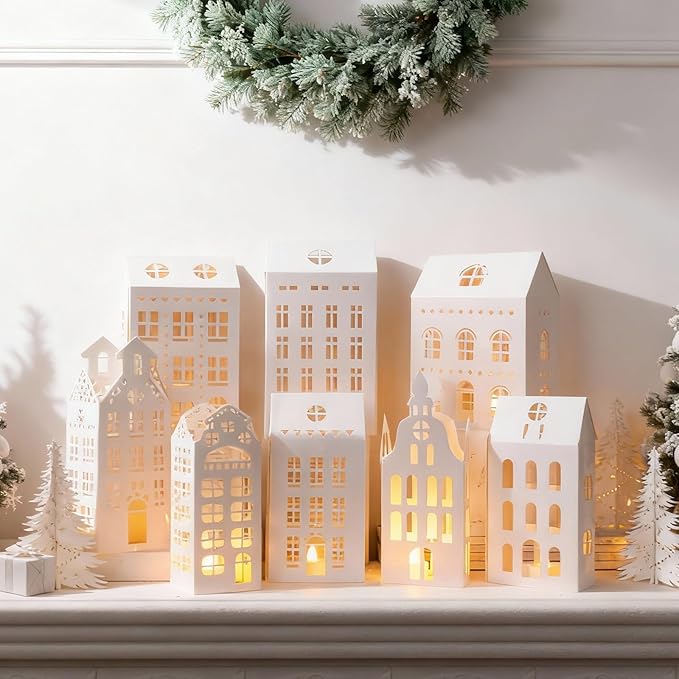 Reallnaive 20 Pcs Large 8" Christmas Cardboard Village Houses Set Xmas DIY Village Houses with LED Candle Paper Home and Tree Figurine Scene Desktop Ornament for Home Party Decor(Retro,White)