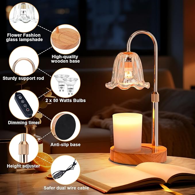 Candle Warmer Lamp Electric: Timer Dimmer Candles Warming Jar Light - Height Adjustable Dimmable Warmers Lamps - Flower No Flame Lamps with Heat Warm Melt Wax - Home Bedroom Decor Table Light