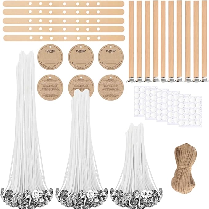 Candle Wick Making Kit, 90 Cotton & 10 Wood Wicks, 4 6 8 Inch Pre-Waxed Cotton Wicks with Wick Holders, Metal Tabs, Stickers, Labels, Twine for Soy, Beeswax, Jar, Pillar Candle Making