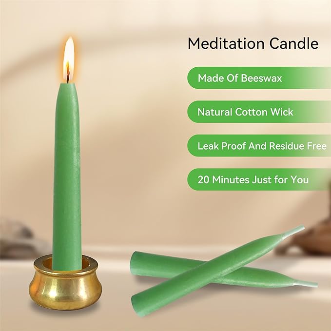 Mini Taper Candle Meditation Candles,20 Minute Prayer Green Candlestick Dripless Beeswax Candles with Brass Candle Holder for Yoga & Spiritual Ritual,30P-Gr
