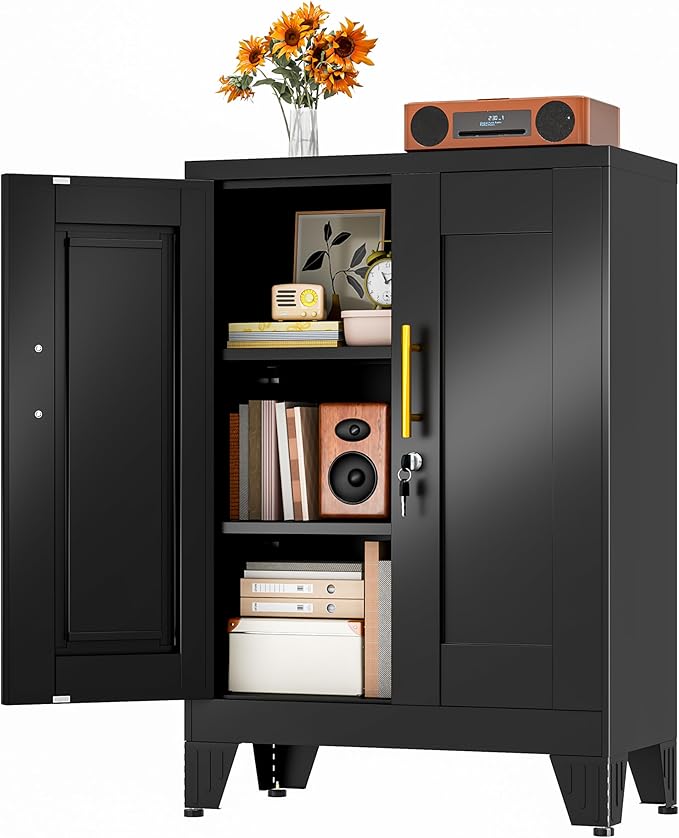 Black Metal Storage Cabinet, 36" Tall Locking Storage Cabinet with 2 Adjustable Shelves, Steel Locker Organizer, for Office, Home, School, 11.81" D x 23.62" W x 35.83" H