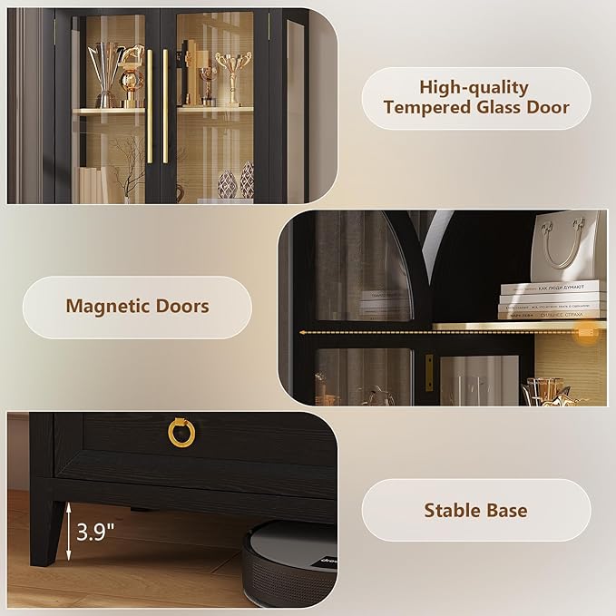 LVSOMT 71" Tall Arched Storage Cabinet with Glass Doors and Drawers, Curio Display Cabinet with Adjustable LED Light & Human Sensor, 4-Tier China Cabinet for Living Room(Black+Wood)