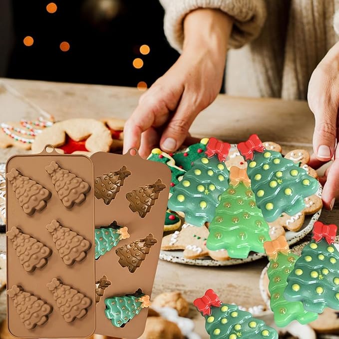 2 Pack Christmas Tree Silicone Candy Molds, 6 Cavities 3D Christmas Chocolate Molds with Bowknot Shape Design Non-Stick Holiday Silicone Mold Kit for Home Indoor Baking, Soap Making, Candle Resin