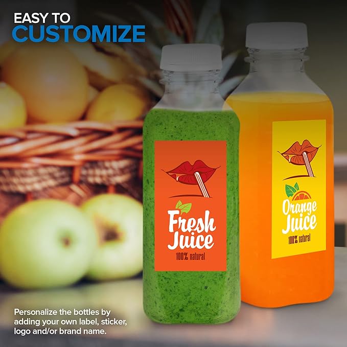 Juice Bottles with Caps for Juicing & Smoothies, Reusable Clear Empty Plastic Bottles with Caps, 16 Ounce Drink Containers for Mini Fridge, Juicer Shots, Small Water Bottles Bulk 16 oz (12 Pack)