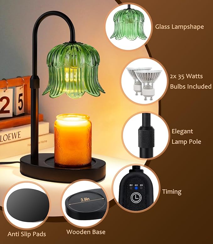 Candle Warmer Lamp with Timer, Flower Shape Candle Wax Warmer Lamp for Jar Tulip Candles Burner Dimmable Light No Flame Scented Warming Adjustable Height