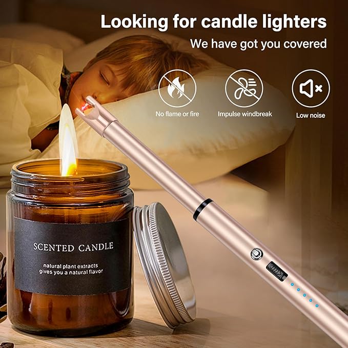 Navpeak Electric Candle Lighter Windproof USB Rechargeable Flameless Long Neck Lighter for Candles Gas Stove Fireplace BBQ Kitchen Grills (Rose Gold)