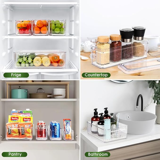 4 Pack Fridge Organizer, Stackable Refrigerator Organizer Bins with Lids, BPA-Free Fridge Organizers and Storage Containers for Fruit, Vegetable, Food, Drinks, Cereals, Clear