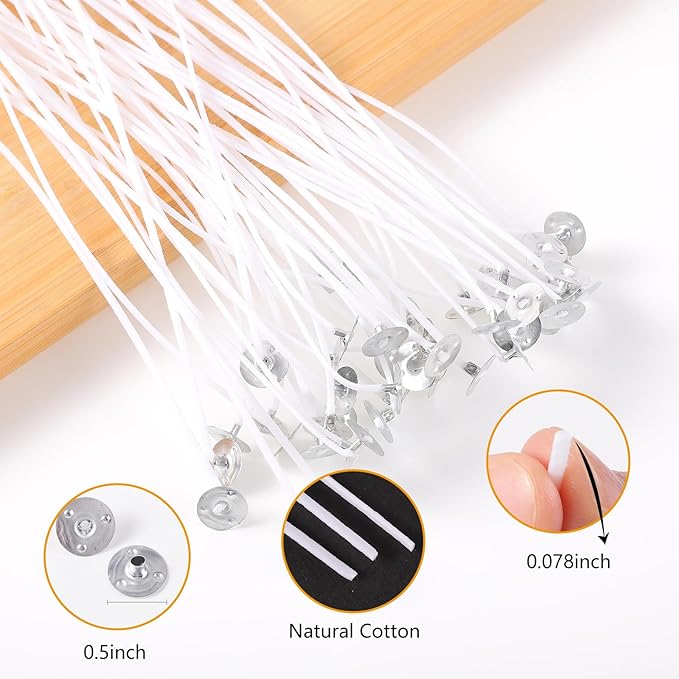 Candle Wicks for Candle Making 150Pcs with 160Pcs Wick Stickers and 12Pcs Candle Wick Holders 48Pcs Warning Labels for DIY Candle Making ((4"+6"+8")