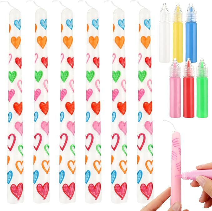 Lounsweer 12 Pcs Galentine DIY Candle Painting Kit Bulk 6 Set Ivory Taper Candles and Wax Pen Valentine's Day Candle Painting Crafts Gifts for Adult Couples DIY Making Crafts Wedding Party Decor