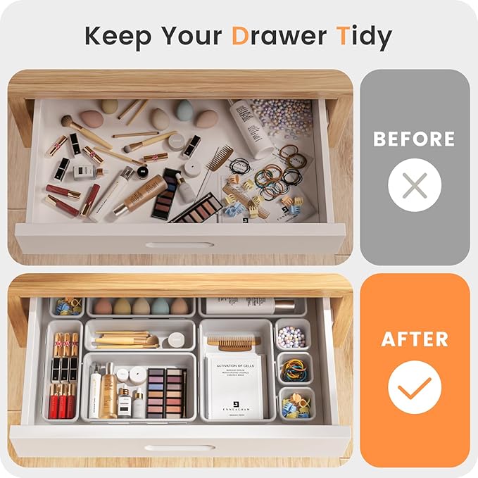 【𝟮𝟴𝗣𝗖𝗦】 【𝟱𝗦𝗶𝘇𝗲】 White Drawer Organizer, Makeup organizer, 【Holds 177 Items】 Bathroom Organizers and Storage, Plastic Desk Organizer Divider, Organizer Bins for Office Vanity A-LUGEI
