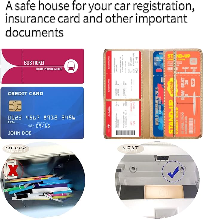 Car Registration and Insurance Card Holder - Leather Vehicle Glove Box Automobile Documents Paperwork Wallet Case Organizer for ID, Driver's License, Key Contact Information Cards